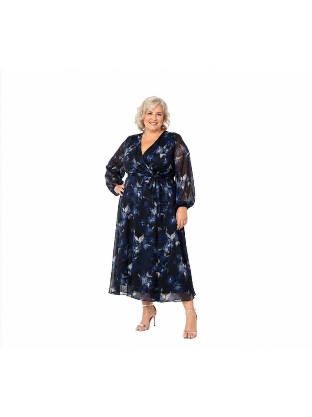 New Signature By Robbie Bee 24W Blue Floral Wrap Maxi Dress With Belt